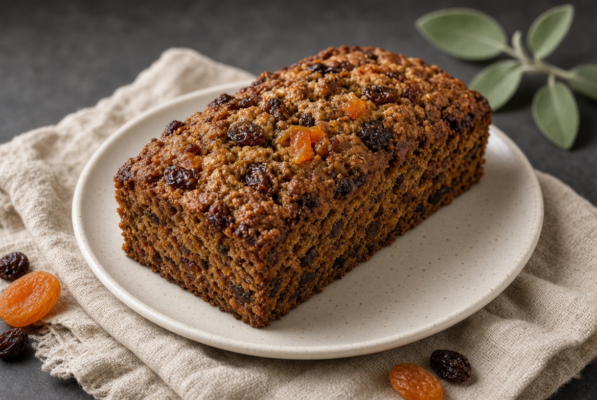 Fruit cake loaf with raisins and apricot on a ceramic plate